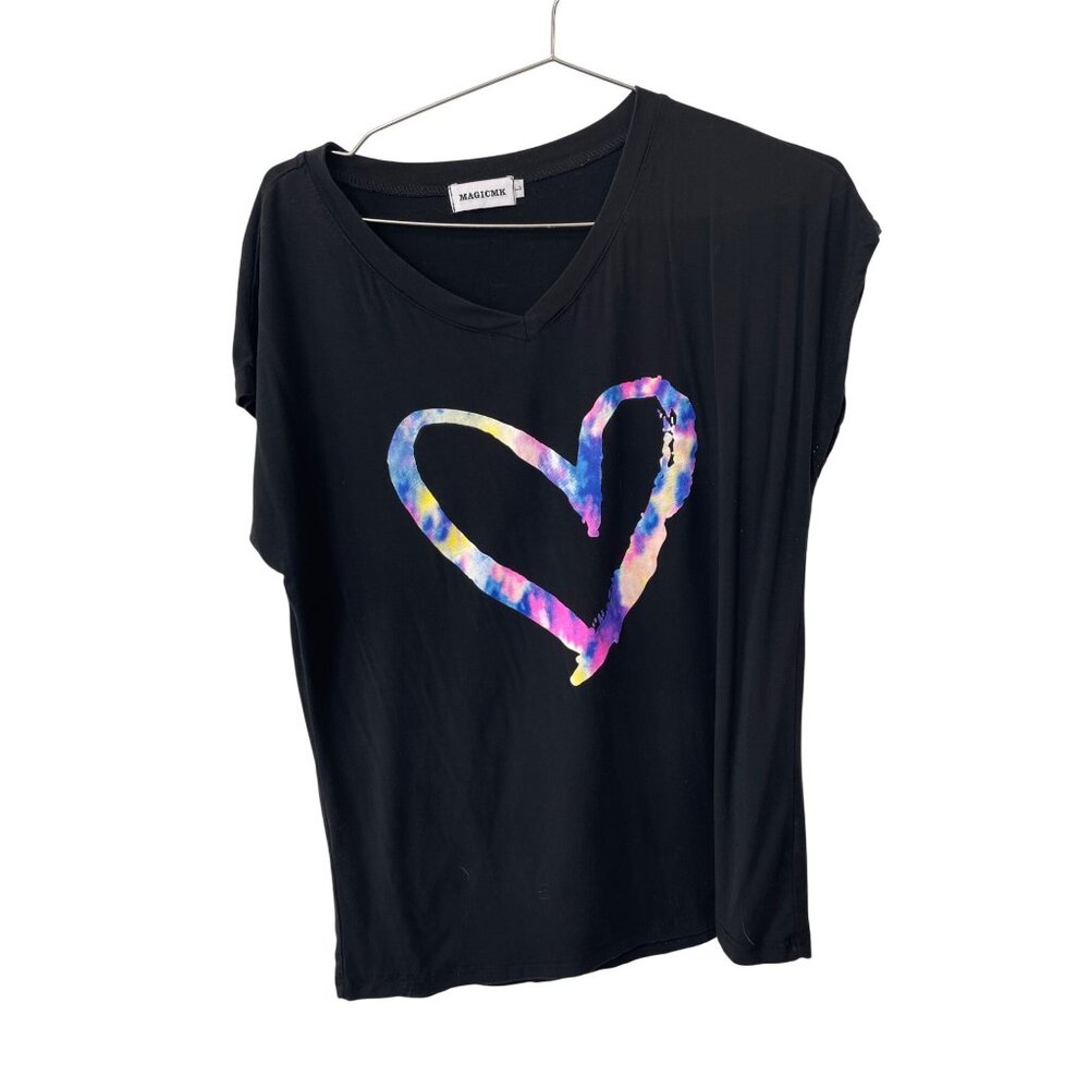 Magicmk T Shirt Size Large V Neck Short Sleeve Top Colorful Heart Print Casual